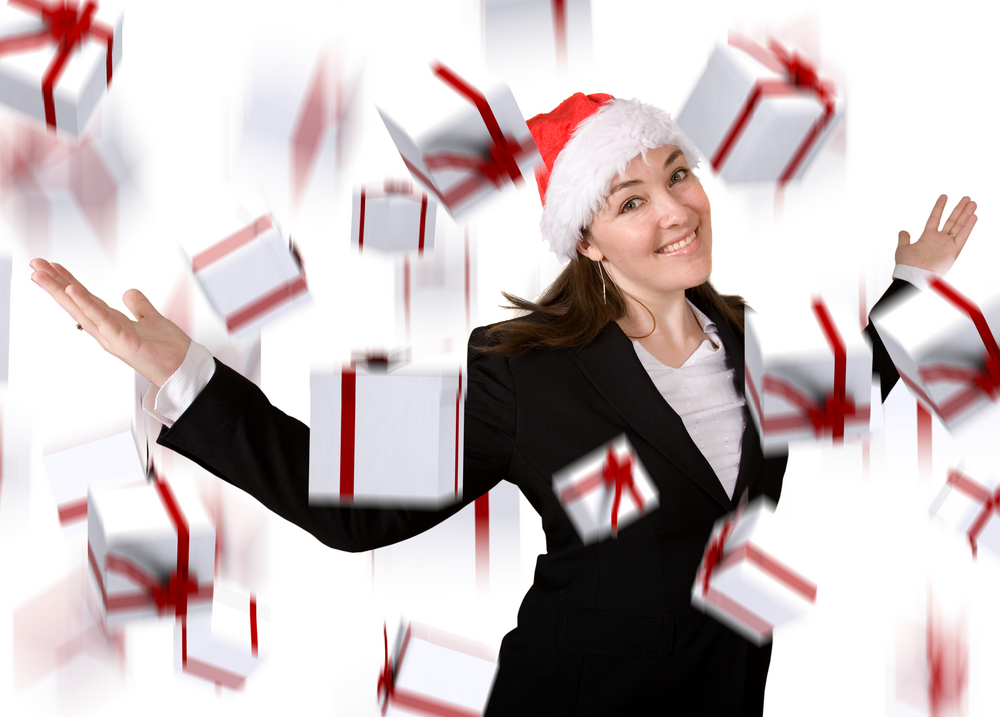 woman in a falling sea of gifts